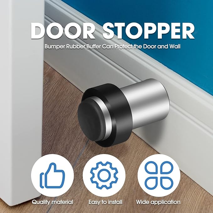 Chumia 6 Pcs Door Stopper Mounted Floor Stops Stainless Steel Cylindrical Stopper Modern Decorative Rubber Bumper Stops Holder Wall Protector for Bottom or Top of Door (Silver)