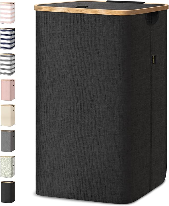 BALEINE Laundry Hamper with Lid, Tall Laundry Baskets with Bamboo Pull Handles, Large Laundry Bin with Internal Support (18 Gal/70L, Black)