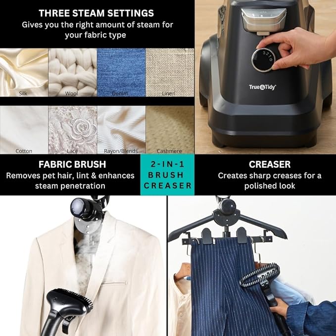 True & Tidy® Heavy-Duty Industrial Standing Garment Steamer for Clothes, 1800 watts, Extra Large 3L water tank 90+ mins of Steam Time (Matte Black, Smart Auto-Off Commercial Garment Steamer)