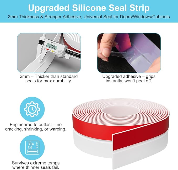 Heavy-Duty 36 ft x 2 in Weather Stripping, Extra Thick 2mm Door Draft Stopper Silicone Seal Strip for House and Glass Shower Doors for Collision and Side Gaps of Door and Windows, White