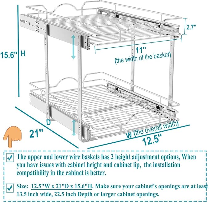 OCG 2 Tier Pull Out Cabinet Organizer (12.5" W x 21" D), Pull Out Drawers for Kitchen Cabinets, Pull Out Shelves for Base Cabinet Organization in Kitchen Bathroom Pantry, Chrome Finish