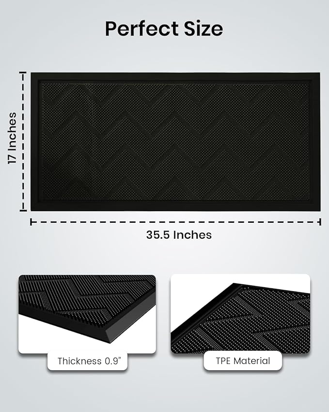 HAMARA Front Door Mat for Outside Entrance 35.5"x17" – Anti-Slip Dirt-Trapping Waterproof Rubber Indoor & Outdoor Mat with Textured Surface for Entryway - Heavy Duty All Weather Doormat – Black