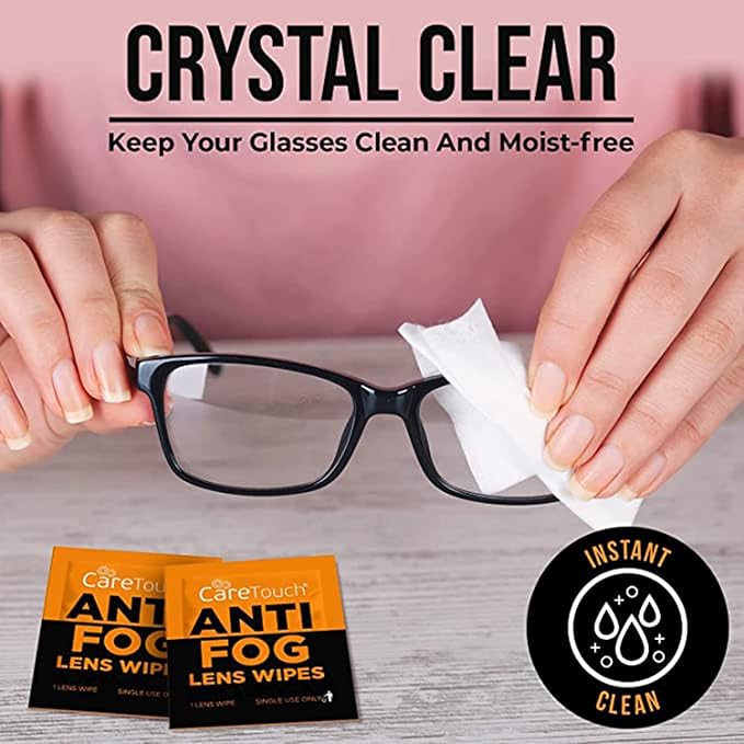Care Touch Anti-Fog Wipes for Glasses - 100 Individually Wrapped Lenses Wipes