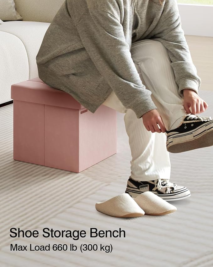 Folding Storage Ottoman, Velvet Storage Bench, Footrest, Footstool, for Living Room, Bedroom and Office,15 x 15 x 15 Inches, 300 kg Load Capacity,Jelly Pink,UASND04P
