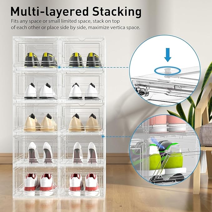 Mitees 10 Pack XX Large Thicken Sturdy Hard Plastic Clear Stackable Shoe Storage Boxes for Size 12, Sneaker Shoe Rack Containers Holders Bins Display Case Organizer for Closet, White