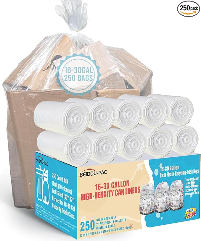 16-18-20-30 Gallon Trash Bags, 250 Count Bulk, Clear Plastic Recycling Bags, Multi-purpose Garbage Bags Can Liners for Business Home Kitchen Commercial and Industrial