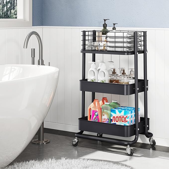 KINGRACK 3 Tier Rolling Cart, Metal Mobile Storage Shelf with Lockable Wheels, Utility Trolley Cart with Wheels, Storage Organizer for Kitchen, Office, Bathroom, Dorm, Black