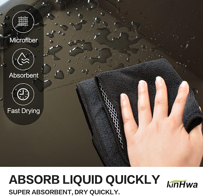 KinHwa Kitchen Washcloths for Dishes Absorbent Microfiber Dish Cloths Quick Dry Dish Rags with Poly Scour Scrub Side Ideal for Kitchen Cleaning (Black, 12inchx12inch 18 Pack)