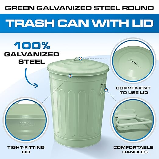 Plexon Round Trash Can 13 Gallon, Vintage Metal Outdoor Trash Can with Lid, Retro Farmhouse Garbage Container, Old School Modern Ash Bucket, Green 3 Pack