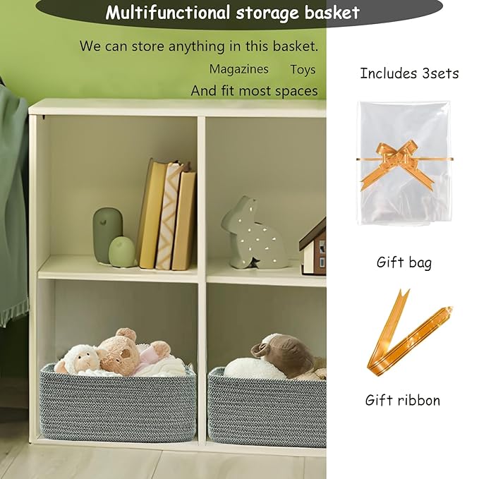 COMFY-HOMI 13" x 8.5" x 5.1"Storage Baskets for Organizing | Cotton Rope Woven Basket | Toy Storage Bin Box | Basket for Shelves, Closet Organizer Bin, Decorative Closet Shelf, 3 Pack, Green