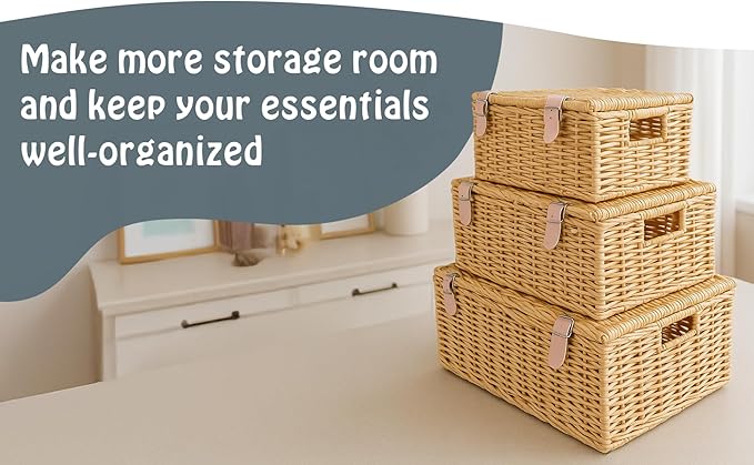 Wicker Storage Baskets with Lids – Set of 3 (Large, Medium, Small) for Organizing Clothes, Toys, Books – Stackable Basket with Lid for Bedroom, Nursery, and Home Decor