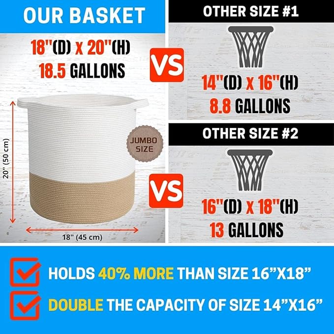 MINTWOOD Design 83L Extra Large 20x18in Decorative Woven Cotton Rope Blanket Basket with Handles, Tall Laundry Hamper for Living Room, Round Storage for Pillows, Towels, Shoes, Beige