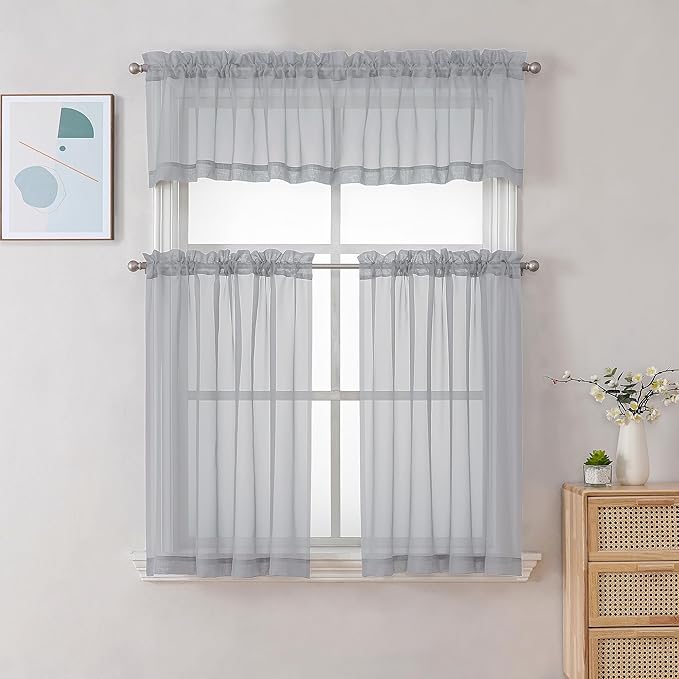 Chyhomenyc Light Grey Sheer Curtains 36 inch Length 2 Panels, Light Filtering Voile Rod Pocket Short Window Curtians for Bathroom Living Room Farmhouse Small Windows, 42Wx36L inches