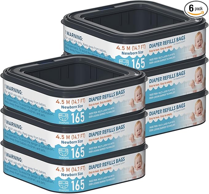 Square Starter Refills Disposal Bags Refill Compatible with Diaper Genie Compact and Select Pails (Not Fit Classic Version Pails), Hold Up to 165 Newborn-Sized Diapers Per Refill, 6 Pack