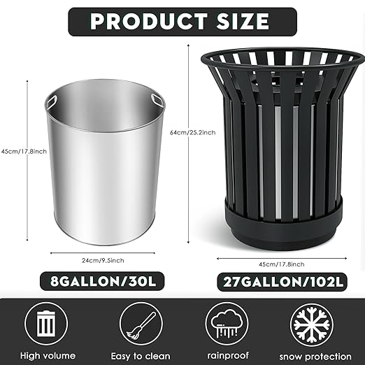 8Gallon Round Large Outdoor Trash Can, Heavy Duty Metal Slatted Garbage Can Outdoor, All Weather Resistant Commercial Garbage Cans, Waste Receptacle in Park, School, Beach, Patio (Black, Medium)