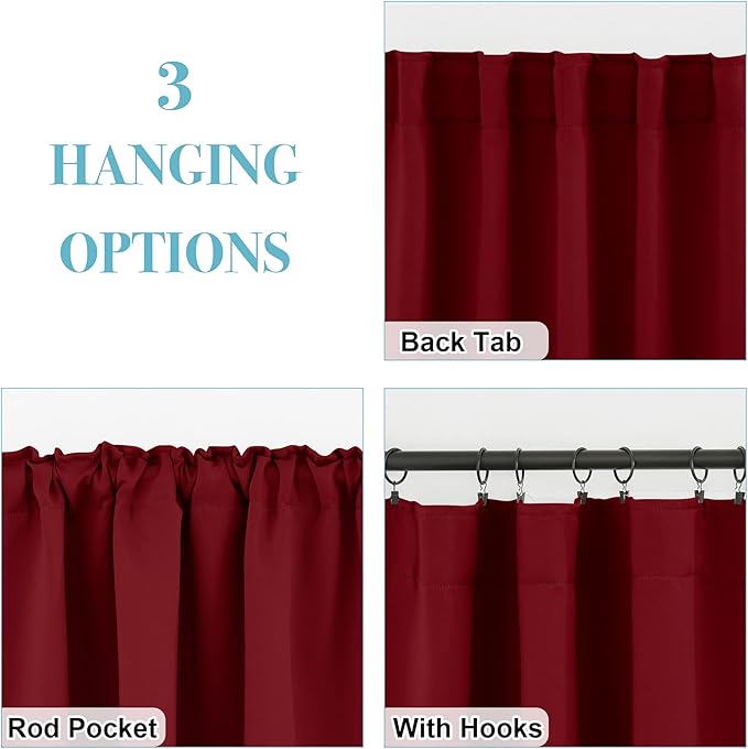 RYB HOME Kitchen Window Curtains - Blackout Privacy Half Window Curtains for Bedroom Bathroom Dining Living Room Cafe Office Short Tiers Drapes, W 34 x L 36 inches, 2 Panels, Burgundy Red