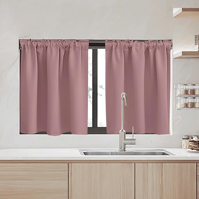 RYB HOME Kitchen Window Curtains - Blackout Privacy Half Window Curtains for Bedroom Bathroom Dining Living Room Cafe Office Short Tiers Drapes, W 34 x L 36 inches, 2 Panels, Wild Rose