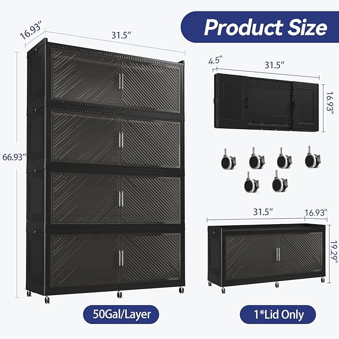 200 Gallon Extra Large Collapsible Storage Bin with Lid, 800QT Stackable Plastic Organizer with 6x Wheels, Foldable Drawer Cabinet for Closet, Living Room Office Dorm 4Pack, Black