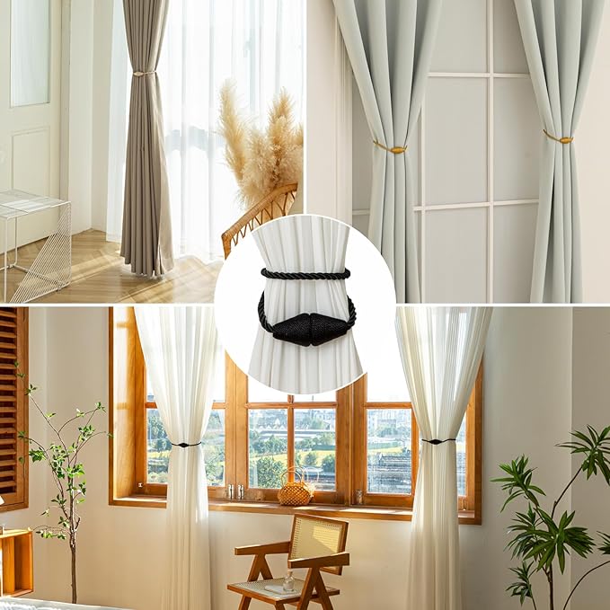 Magnetic Curtain Tiebacks 6 Pack Outdoor Rope Curtain Tie Backs Decorative Window Treatment Holdbacks for Home Decorative Curtain, Black