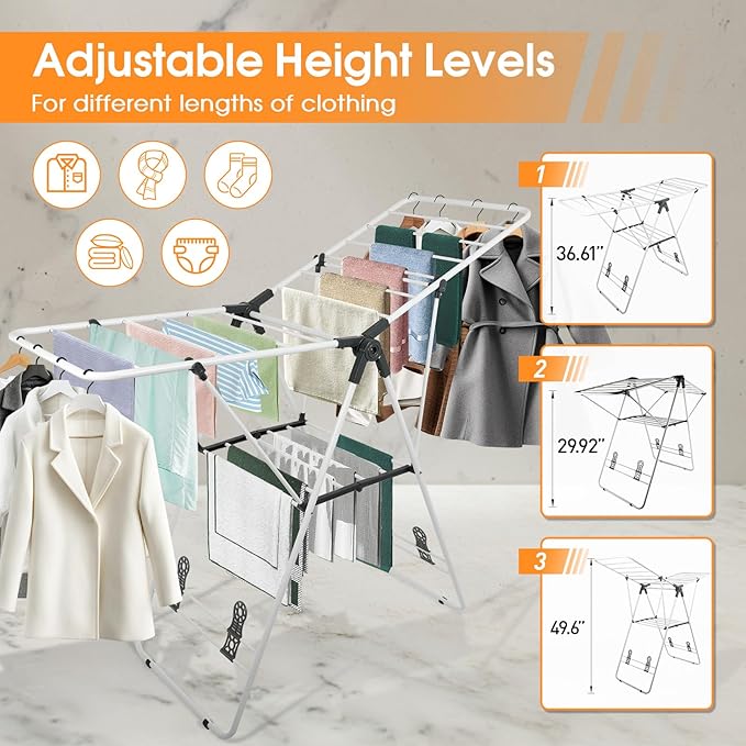 Clothes Drying Rack Foldable, Metal Laundry Drying Rack, with Height-Adjustable Wings, Space Saving, Indoor Outdoor Use, White Free-Standing Airer