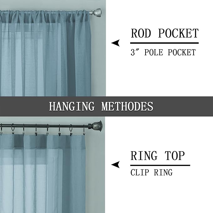 Tollpiz Short Sheer Curtain Living Room Linen Textured Curtains Sheer Light Filtering Voile Rod Pocket Curtain for Bedroom, 38 x 54 inches Long, Dusty Blue, Set of 2 Panels
