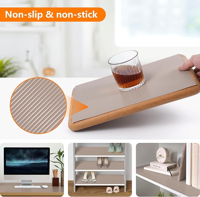 Shelf Liners for Kitchen Cabinets Drawer Liner Non Adhesive Cupboard Mat EVA Material Waterproof Refrigerator Mats Washable Fridge Liner for Cupboard and Desks Liner Beige 11.8 x 59 Inches