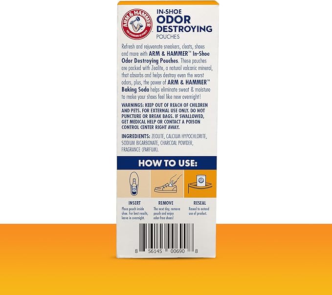 Arm & Hammer In-Shoe Odor Destroying Pouches, Shoe Deodorizer Insert for Reducing Odor and Absorbing Moisture, Smell Eliminator for All Footwear, Gym Bags and Work Boots (2 Pairs)