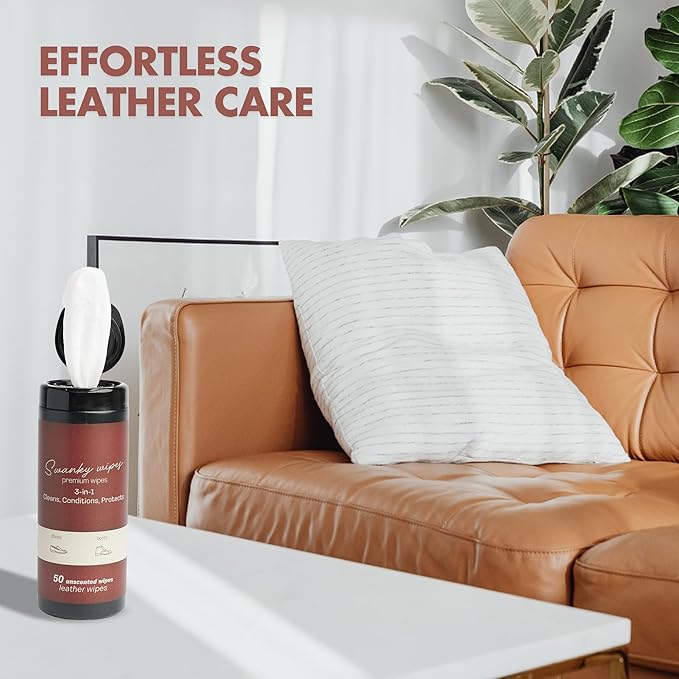 Swanky Leather Wipes - Leather Cleaner and Conditioner for Purses, Shoes, Furniture Polish & Car Seats, Prevents Fading & Cracking, Restores Softness & Shine - Canister, 200 Count
