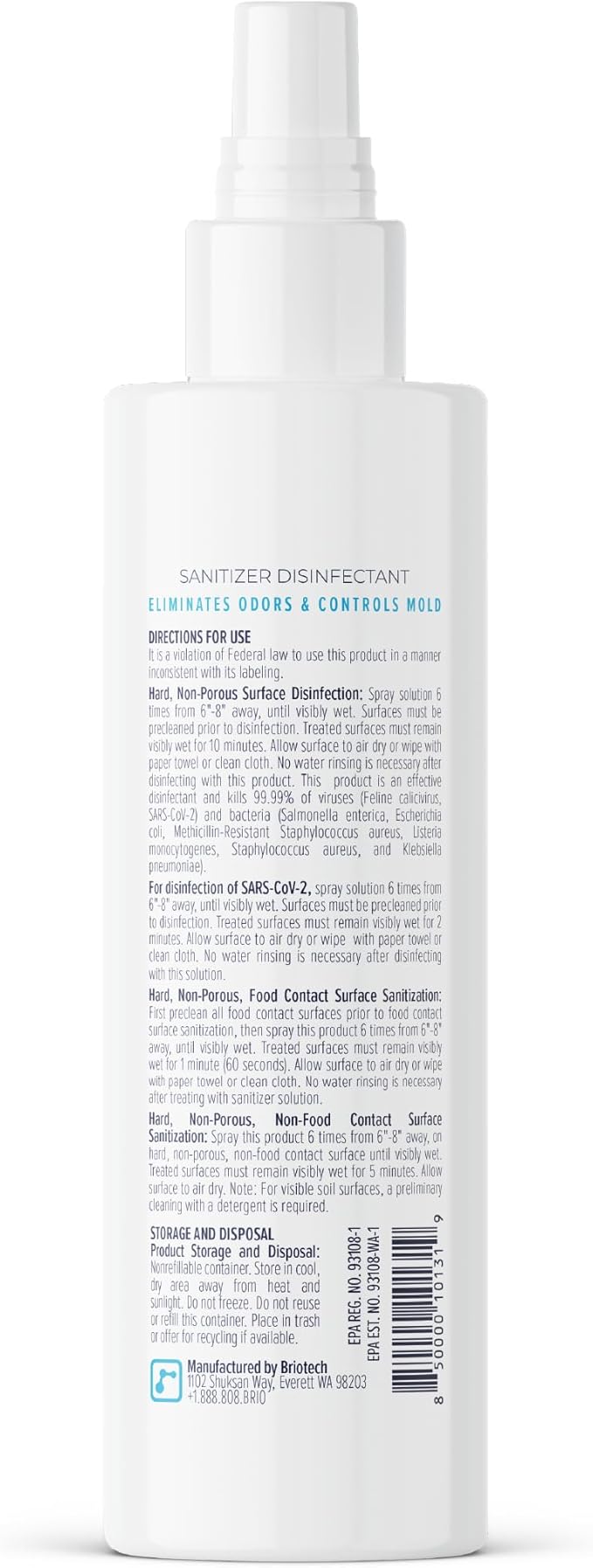 BRIOTECH Sanitizer Disinfectant Hypochlorous Spray, Kill 99.99% of Viruses & Bacteria, Control Mold, Eliminate Odor, Gentle for Nursery & Play Rooms, Food Contact Surface Sanitizer, 4 fl oz (2 Pack)