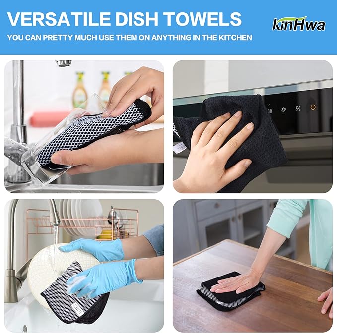 KinHwa Kitchen Washcloths for Dishes Absorbent Microfiber Dish Cloths Quick Dry Dish Rags with Poly Scour Scrub Side Ideal for Kitchen Cleaning (Black-B, 12inchx12inch 6 Pack)