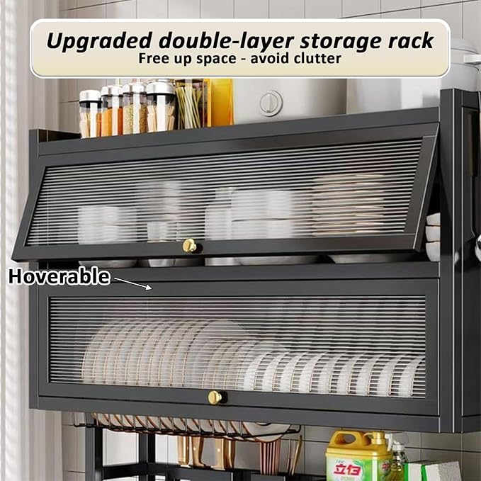 Dish Drying Rack 4 Tiers with Cover, Keep Kitchen Sink Shlef Organized Space-Saving Dish Drying Rack, Large Drying Rack for Dishes, Glasses, Bowls, Cutlery (Black, W-25.6)