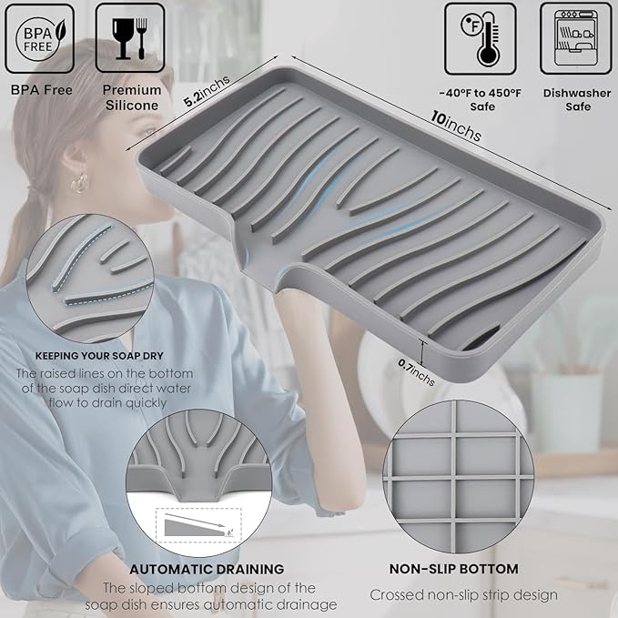 YASMEN Silicone Bathroom Soap Dishes, Sink Sponge Holder for Kitchen, Rubber Soap Dish with Drain, Shower Soap Sponge Tray, Sink or Counter Organizer, for Bar Soap, Bottle, Dish Soap Dispenser-Gray