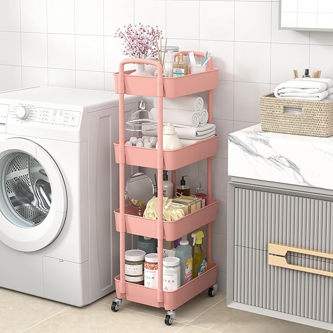 Sywhitta 4-Tier Plastic Rolling Utility Cart with Handle, Multi-Functional Storage Trolley for Office, Living Room, Kitchen, Movable Storage Organizer with Wheels, Pink