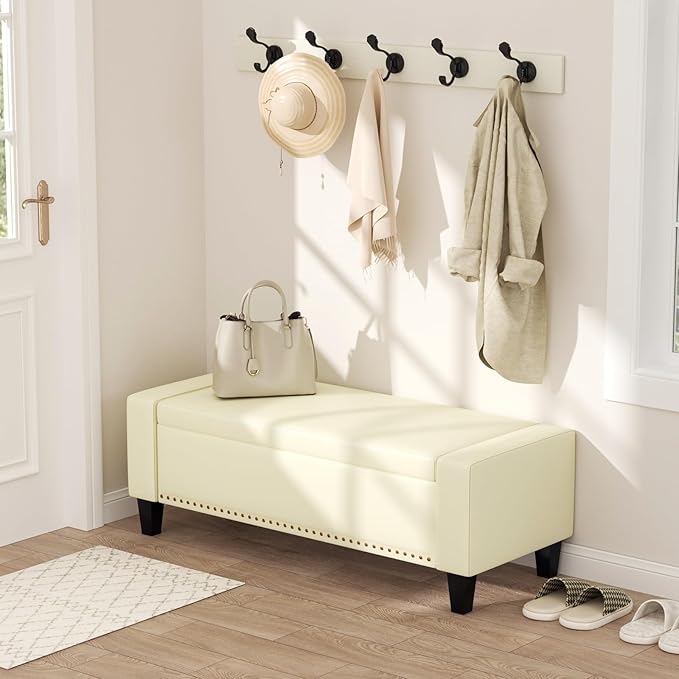 48.8" Storage Ottoman Bench Cream White | Faux Leather Bedroom Bench with Lift Top for Living Room & Bed End