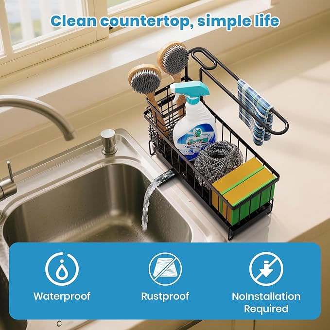 Kitchen Sink Caddy, Sponge Holder with 360 Degree Rotating Drain, Carbon Steel Organizer with High Brush Holder Rustproof, Sink Caddy Organizer for Kitchen Gadgets and Decor
