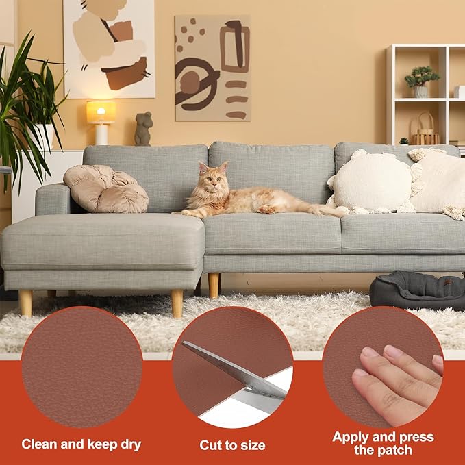 PATIKIL Leather Patches Tape for Furniture, 3.2 x 61 Inch Self Adhesive Vinyl Leather Repair Kit Cover Sheet for Couch, Sofa, Car Seats, Office Chair, Caramel Brown