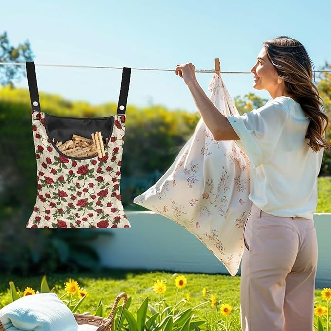 Rose Clothespin Bag Fashion Hanging Storage Organizer Clothes Pin Bag Waterproof Laundry Clothespin Bag Clothespin Holder with Hanger Hook for Easy Hang and Large Opening