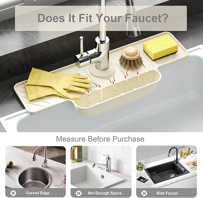 Silicone Faucet Mat with Sponge Holder, Sink Splash Guard, Faucet Draining Mat for Kitchen Bathroom, 5° Slope Split-flow Drainage, Sink Dry and Tidy Organizer, Gray