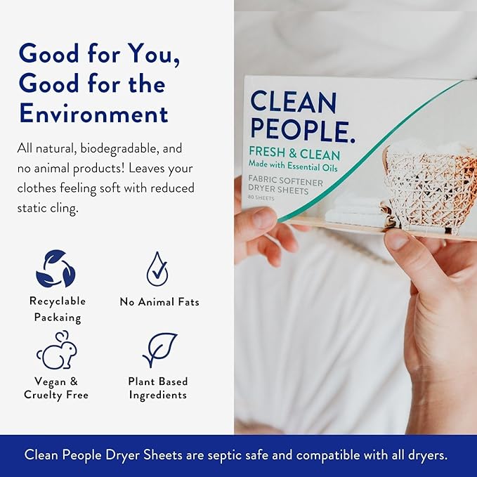 The Clean People Fabric Softener Sheets - Dryer Sheets - Softens & Removes Static Cling - Vegan Laundry Softener With Essential Oils - Fresh Scent, 120 Pack