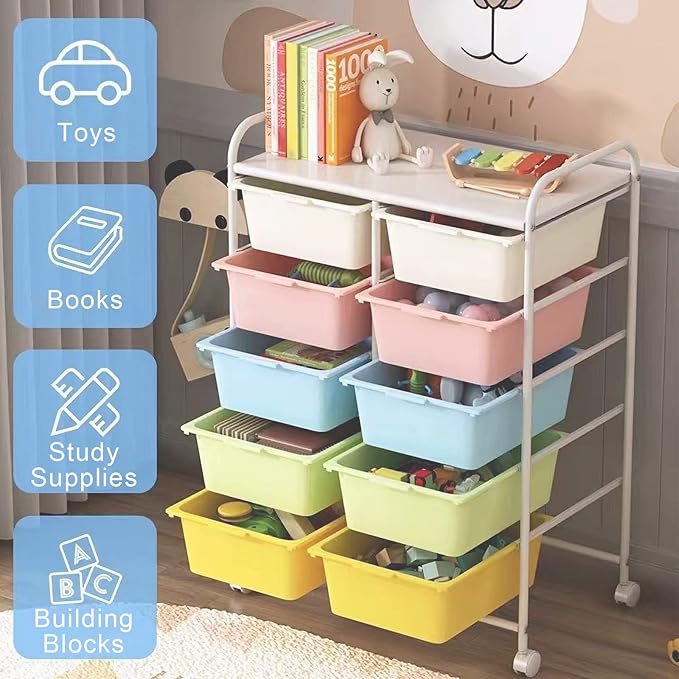 10 Drawers Rolling Storage Cart, Plastic Drawer Cart with Metal Frame, Multipurpose Art Craft Cart Organizer with Wheels, Utility Cart with Drawers for Home, Office, School, Multicolor