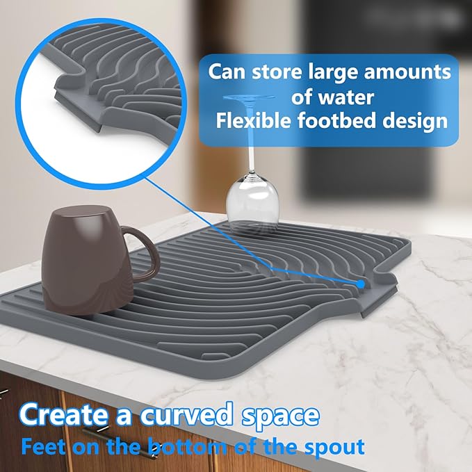 Dish Drying Matt for Kitchen Counter,18"×12"Silicone Dry Rack Mat with Built in Drain, Kitchen Dry Mats for Dishes Drying Pad for Counter(gray)