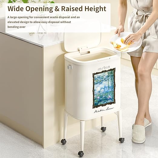 MRBIN Metal Kitchen Trash Can with Wheel Legs, 36L / 9.5gal Medium Press Lid Slim Removable Waste Basket, Pet Proof Tall Narrow Garbage Pail for Vanity, Bedroom, Bathroom, Living Room, Water Lily