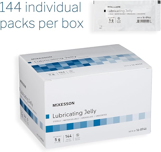 McKesson Lubricating Jelly, 5 g [144 Count] Water Based Non-Sticky Lube, Water Soluble Lubricant Gel - for Surgical, Medical, Personal – Sterile Individual Packets