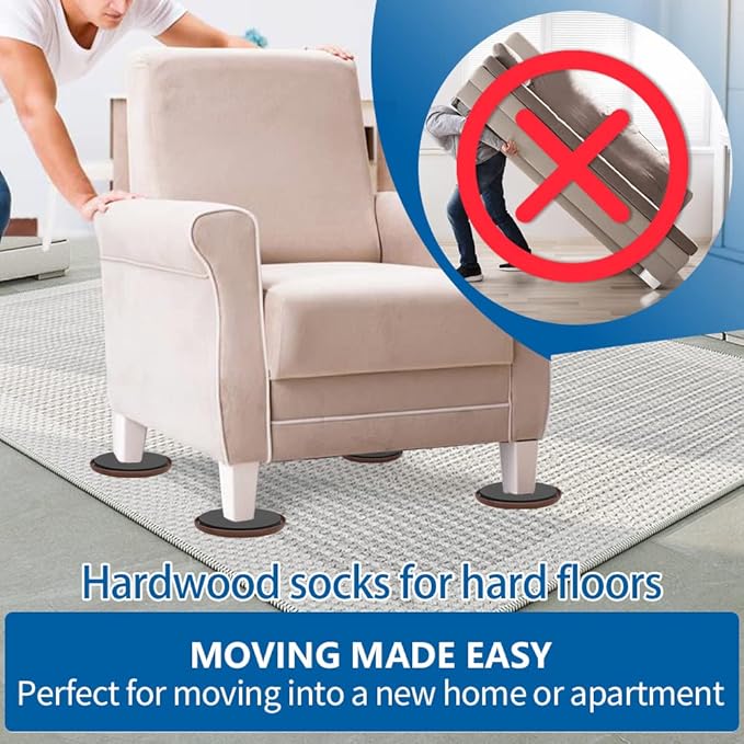 5" Furniture Sliders, 2-in-1 Furniture Movers Sliders with Hardwood Socks, 4+4 Pack - 4 Furniture Sliders for Carpet and 4 Hardwood Socks, Move Your Furniture Easily!