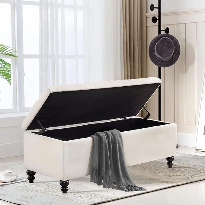 Storage Ottoman 50.2 Inches Upholstered Fabric Storage Ottoman Bench，Button Tufted Ottoman with Storage for Living Room，Bedroom End of Bed Bench Withstands 304lbs (Ivory)