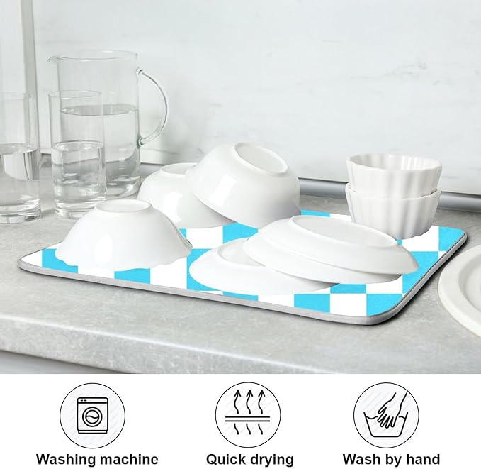 Turquoise Chessboard Dish Drying Mat for Kitchen Countertop 18x24 Teal Plaid Checkered Rectangle Large Drying Mat Reusable Quick Dry Dish Sink Absorbent Mats Easy Clean Decorative Home Essentials