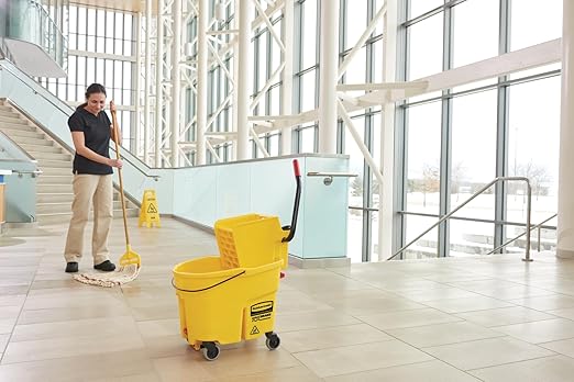 Rubbermaid Commercial Products WaveBrake 35 Qt. Side-Press Mop Bucket and Wringer Combo on Wheels Yellow for Professional/Industrial/Business Heavy-Duty Floor Cleaning/Mopping
