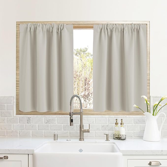 RYB HOME Blackout Short Cafe Curtains, Privacy Light Block Small Window Curtains for Bedroom Kitchen Basement Dining Classroom, W 34 x L 36 inches, Natural, 2 Panels
