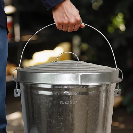 Plexon 10 Gallon Trash Can with Lid Outdoor Galvanized Metal Bucket with Locking Lid for Poultry Feed Bird Seed Storage Ash Garbage Trash Bin