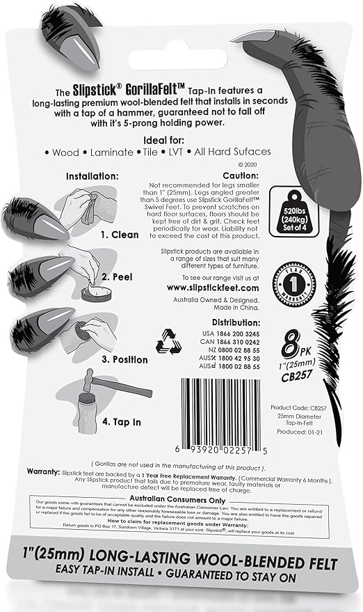 GorillaFelt CB257 Chair Leg Floor Protectors/Felt Glides (Set of 8) Tap On Felt Furniture Pads Guaranteed to Stay On, 1 Inch Round Sliders